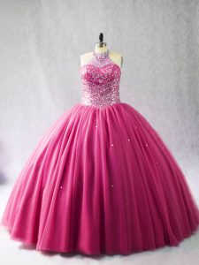 Decent Hot Pink Quinceanera Gown Sweet 16 and Quinceanera with Beading Halter Top Sleeveless Brush Train Lace Up
