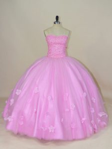 Lilac Lace Up Sweetheart Beading and Hand Made Flower Quinceanera Gowns Tulle Sleeveless