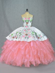 Organza Sweetheart Sleeveless Lace Up Embroidery and Ruffles Vestidos de Quinceanera in Pink