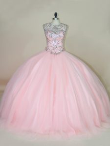 Delicate Baby Pink Ball Gowns Scoop Sleeveless Tulle Lace Up Beading Vestidos de Quinceanera