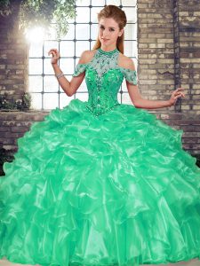 Turquoise Ball Gowns Halter Top Sleeveless Organza Floor Length Lace Up Beading and Ruffles Sweet 16 Dresses