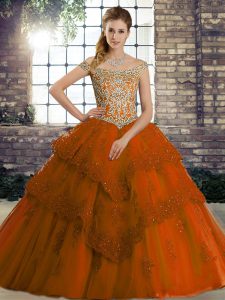 Spectacular Rust Red Ball Gowns Tulle Off The Shoulder Sleeveless Beading and Lace Lace Up Sweet 16 Dress Brush Train