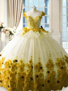 Sleeveless Tulle Brush Train Zipper Quinceanera Gowns in Olive Green with Hand Made Flower