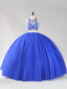 Artistic Royal Blue Tulle Backless Halter Top Sleeveless Floor Length Vestidos de Quinceanera Beading