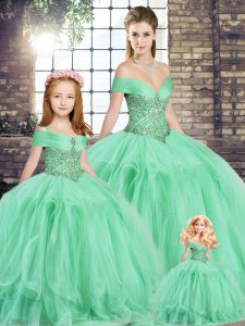 Sleeveless Tulle Floor Length Lace Up Sweet 16 Dress in Apple Green with Beading and Ruffles