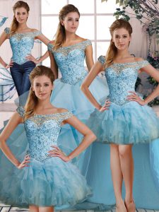 Floor Length Light Blue Quinceanera Dress Off The Shoulder Sleeveless Lace Up
