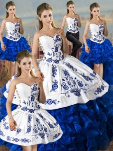 Sleeveless Floor Length Embroidery and Ruffles Lace Up Quince Ball Gowns with Blue And White