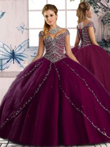 Purple Cap Sleeves Beading Lace Up Sweet 16 Quinceanera Dress