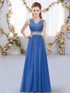 Pretty Blue Lace Up Quinceanera Dama Dress Beading and Belt Sleeveless Floor Length