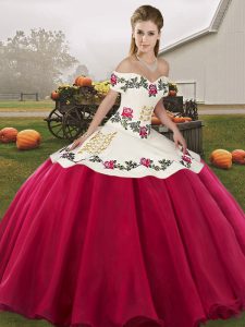 Hot Pink Off The Shoulder Lace Up Embroidery 15 Quinceanera Dress Sleeveless