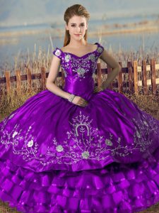 Excellent Sleeveless Embroidery and Ruffled Layers Lace Up Quinceanera Dress