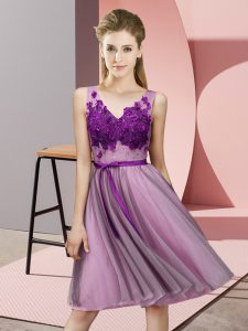 Lilac Tulle Lace Up Dama Dress Sleeveless Knee Length Appliques