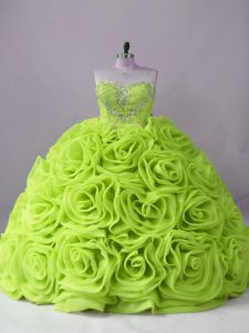 Designer Yellow Green Fabric With Rolling Flowers Lace Up Sweetheart Sleeveless Quinceanera Dress Brush Train Beading