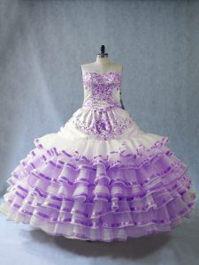 Floor Length White And Purple Quinceanera Dresses Organza Sleeveless Embroidery and Ruffled Layers and Bowknot