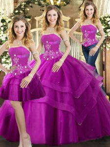 Trendy Fuchsia Lace Up 15 Quinceanera Dress Beading and Ruffled Layers Sleeveless Floor Length