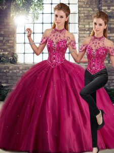 Brush Train Two Pieces Quinceanera Dress Fuchsia Halter Top Tulle Sleeveless Lace Up