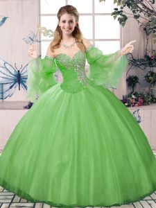 Luxury Sweetheart Long Sleeves Lace Up 15th Birthday Dress Green Tulle