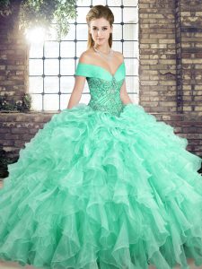 Perfect Apple Green 15 Quinceanera Dress Off The Shoulder Sleeveless Brush Train Lace Up