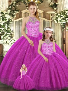 Fuchsia Lace Up Sweet 16 Dress Beading Sleeveless Floor Length
