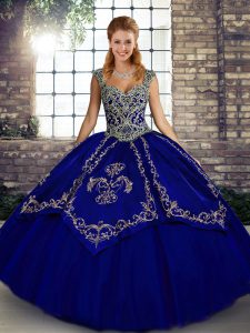 Lovely Blue Straps Lace Up Beading and Embroidery Quinceanera Gowns Sleeveless