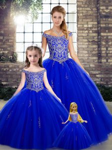 Elegant Royal Blue Off The Shoulder Lace Up Beading Sweet 16 Dresses Sleeveless