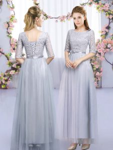 High End Grey Scoop Neckline Lace and Belt Quinceanera Dama Dress Half Sleeves Lace Up
