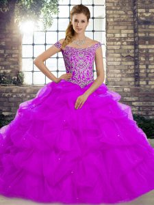 Purple Tulle Lace Up Off The Shoulder Sleeveless Quinceanera Dresses Brush Train Beading and Pick Ups