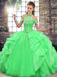 Halter Top Sleeveless Quinceanera Dress Floor Length Beading and Ruffles Green Organza
