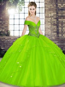 Clearance Off The Shoulder Sleeveless Tulle Quinceanera Dresses Beading and Ruffles Lace Up
