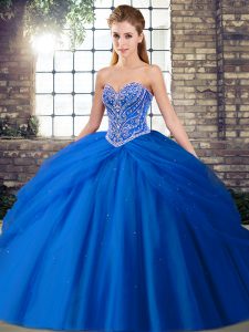 Simple Blue Sweetheart Neckline Beading and Pick Ups 15th Birthday Dress Sleeveless Lace Up