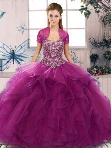 Stylish Floor Length Lace Up 15 Quinceanera Dress Fuchsia for Military Ball and Sweet 16 and Quinceanera with Beading and Ruffles