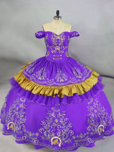 Enchanting Purple Lace Up Off The Shoulder Embroidery Quinceanera Dress Satin Sleeveless