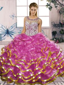 Floor Length Lace Up Quinceanera Dress Fuchsia for Military Ball and Sweet 16 and Quinceanera with Beading and Ruffles