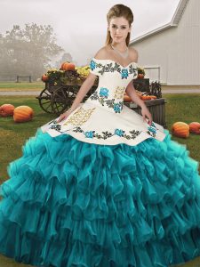 Teal Organza Lace Up Off The Shoulder Sleeveless Floor Length 15th Birthday Dress Embroidery and Ruffled Layers