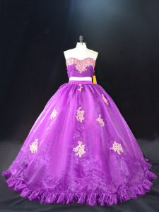 Sleeveless Organza Brush Train Zipper Quinceanera Dress in Purple with Appliques
