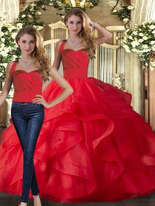 New Arrival Tulle Halter Top Sleeveless Lace Up Ruffles Sweet 16 Dresses in Red