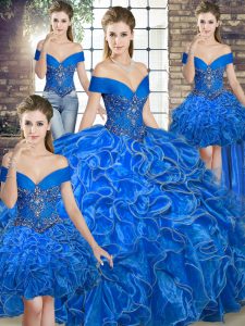 Royal Blue Organza Lace Up Off The Shoulder Sleeveless Floor Length Sweet 16 Dress Beading and Ruffles