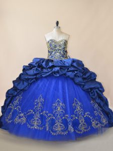 Designer Royal Blue Quinceanera Gown Taffeta and Tulle Brush Train Sleeveless Beading