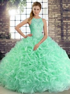 Ideal Apple Green Ball Gowns Scoop Sleeveless Fabric With Rolling Flowers Floor Length Lace Up Beading Sweet 16 Dresses