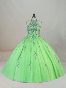 Halter Top Neckline Appliques and Embroidery Quinceanera Dresses Sleeveless Lace Up