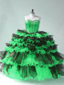 Green Ball Gowns Beading and Ruffled Layers 15 Quinceanera Dress Lace Up Organza Sleeveless Floor Length