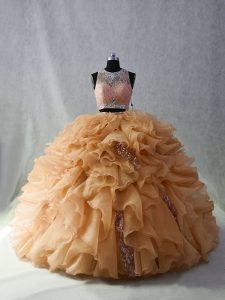 Glorious Champagne Quince Ball Gowns Sweet 16 and Quinceanera with Beading and Ruffles and Sequins Scoop Sleeveless Brush Train Zipper