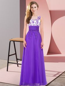 Sleeveless Floor Length Appliques Backless Quinceanera Court of Honor Dress with Purple