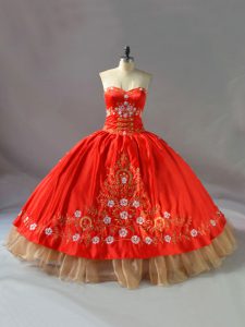 Red Organza Lace Up Quince Ball Gowns Sleeveless Floor Length Embroidery