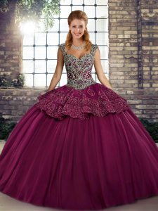 Fabulous Fuchsia Ball Gowns Tulle Straps Sleeveless Beading and Appliques Floor Length Lace Up Sweet 16 Dresses