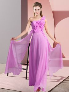 Lilac Chiffon Lace Up One Shoulder Sleeveless Floor Length Dama Dress for Quinceanera Hand Made Flower