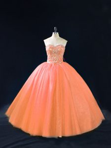 Affordable Sleeveless Beading Lace Up Vestidos de Quinceanera with Peach
