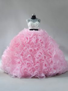 Fabric With Rolling Flowers Scoop Sleeveless Brush Train Zipper Beading and Ruffles Quinceanera Dress in Baby Pink