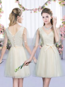 Hot Sale Champagne Lace Up Quinceanera Dama Dress Bowknot Sleeveless Mini Length