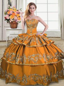 Brown Ball Gowns Embroidery and Ruffled Layers Quinceanera Dresses Lace Up Satin and Organza Sleeveless Floor Length